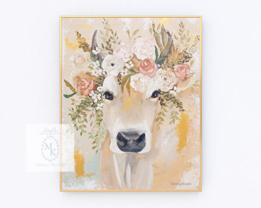 'Luella' Floral Cow Paper Print